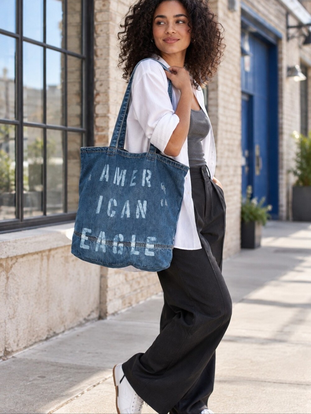NWT American Eagle Distressed Denim Spellout Logo Tote Bag